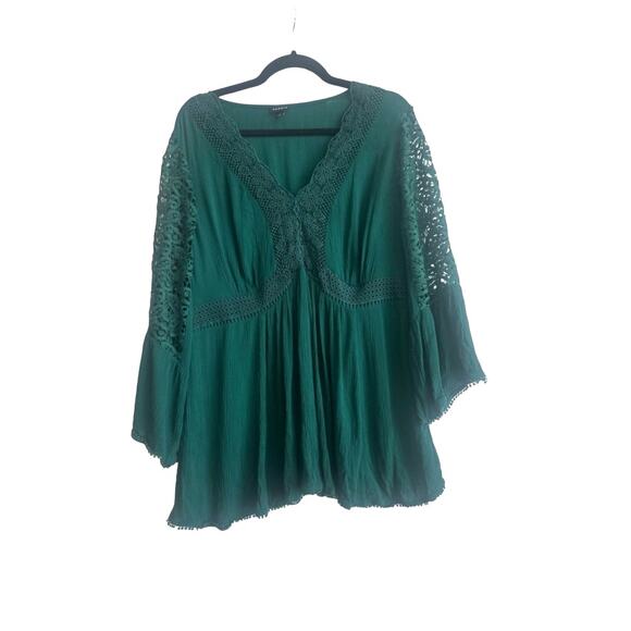 Torrid Emerald Green Boho Lace Eyelet and Frills Flowy Blouse - Picture 1 of 6